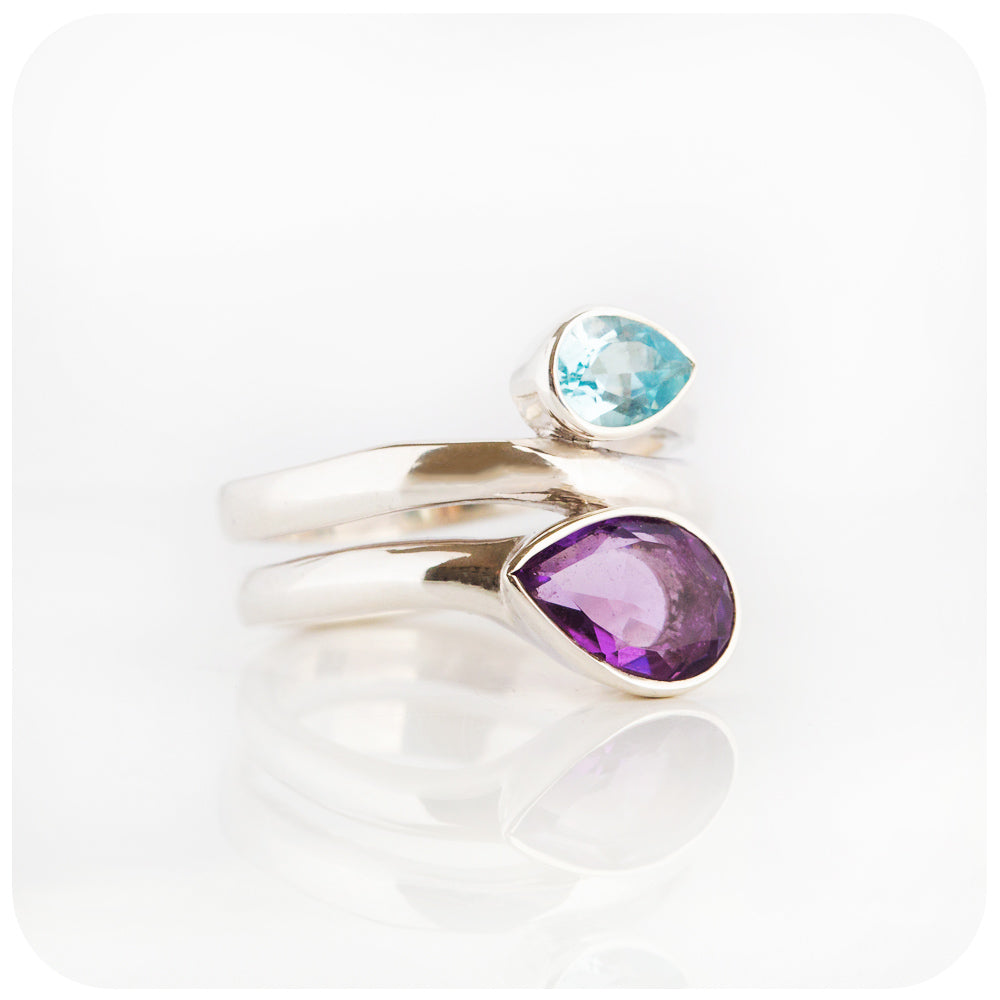 The Twin Pear cut Sky Blue Topaz and Amethyst Ring in Sterling Silver