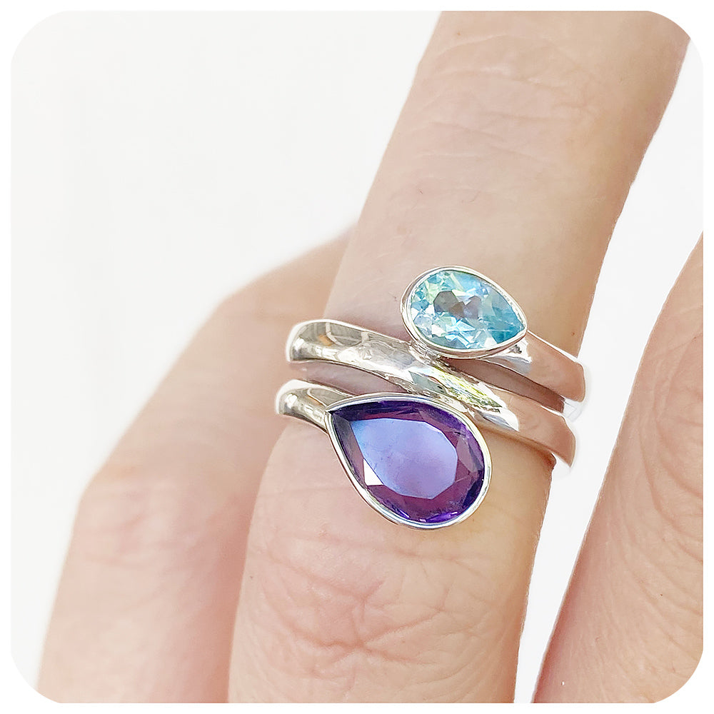 The Twin Pear cut Sky Blue Topaz and Amethyst Ring in Sterling Silver