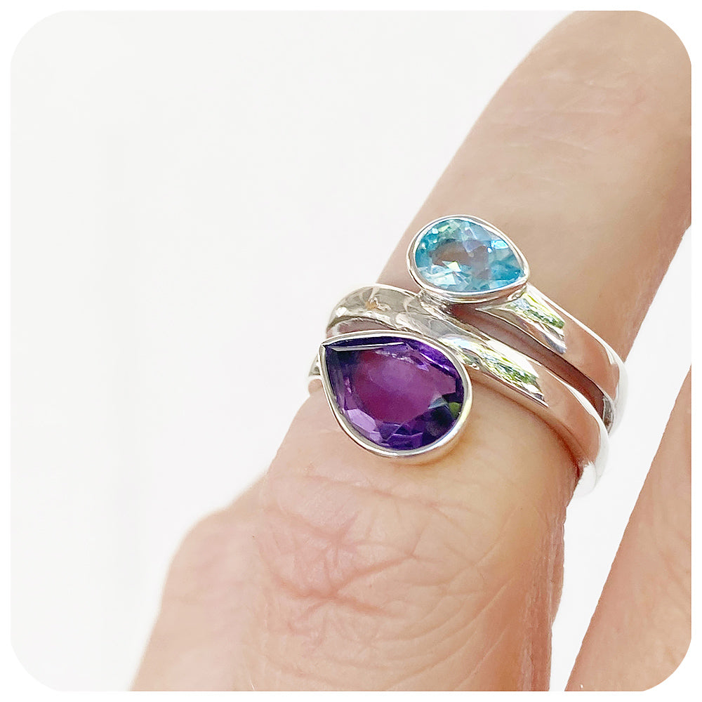 The Twin Pear cut Sky Blue Topaz and Amethyst Ring in Sterling Silver