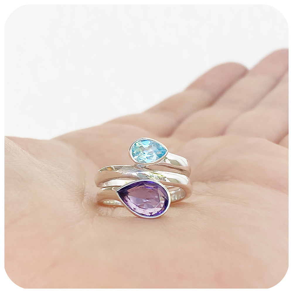 The Twin Pear cut Sky Blue Topaz and Amethyst Ring in Sterling Silver