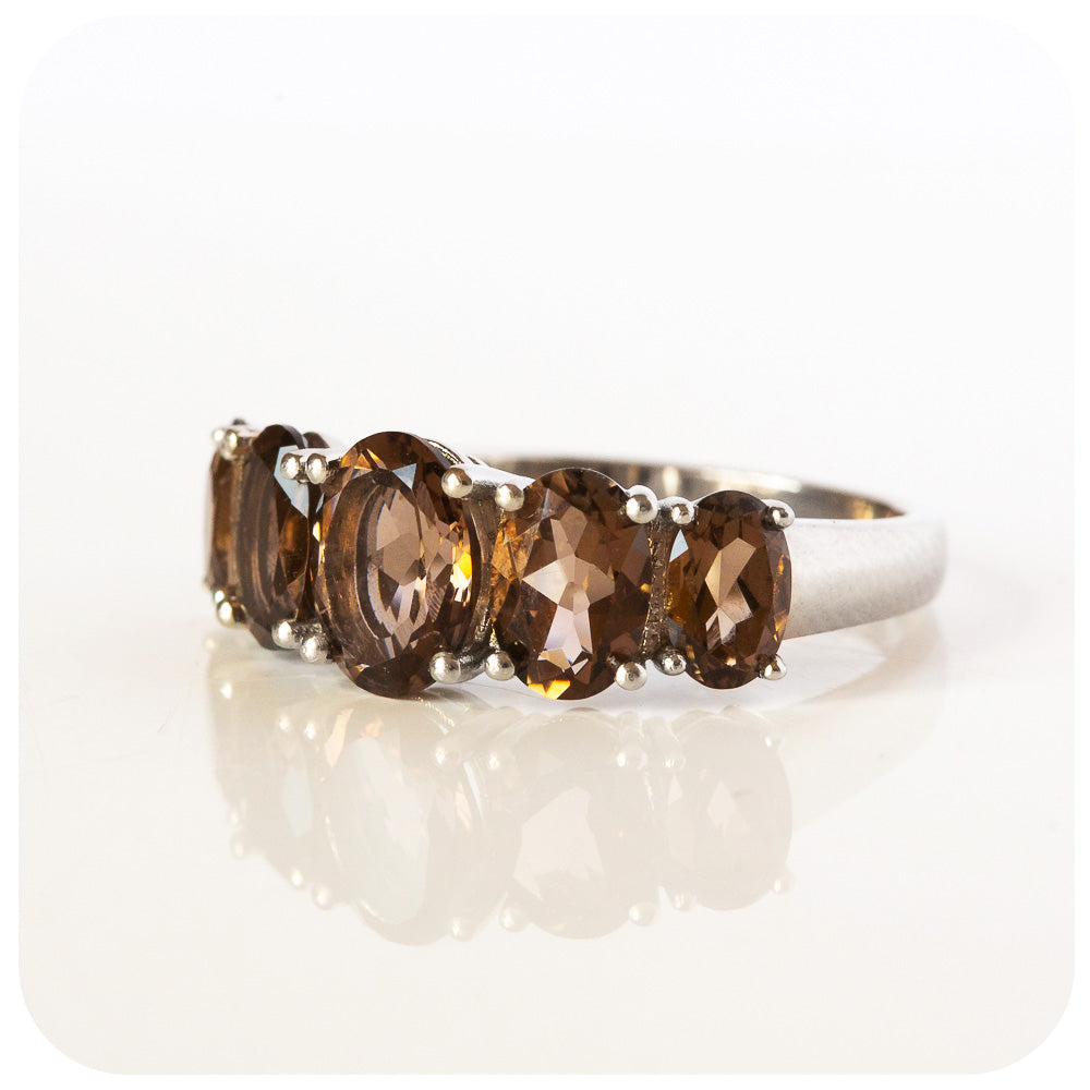 oval cut smoky quartz half eternity anniversary ring