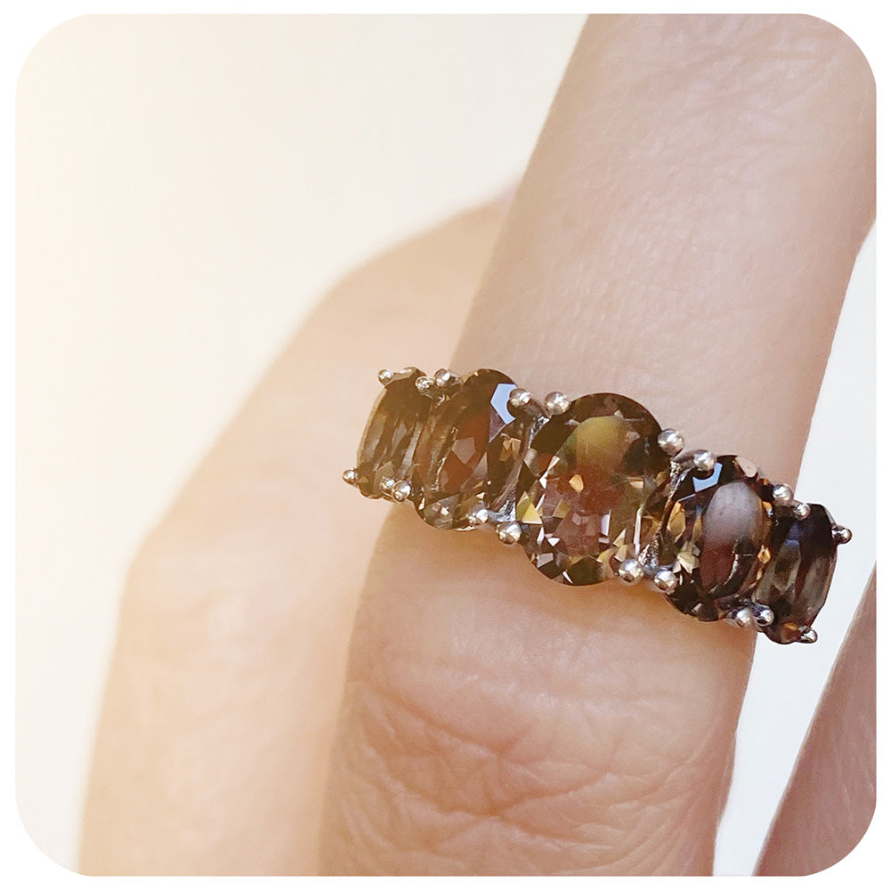 oval cut smoky quartz half eternity anniversary ring