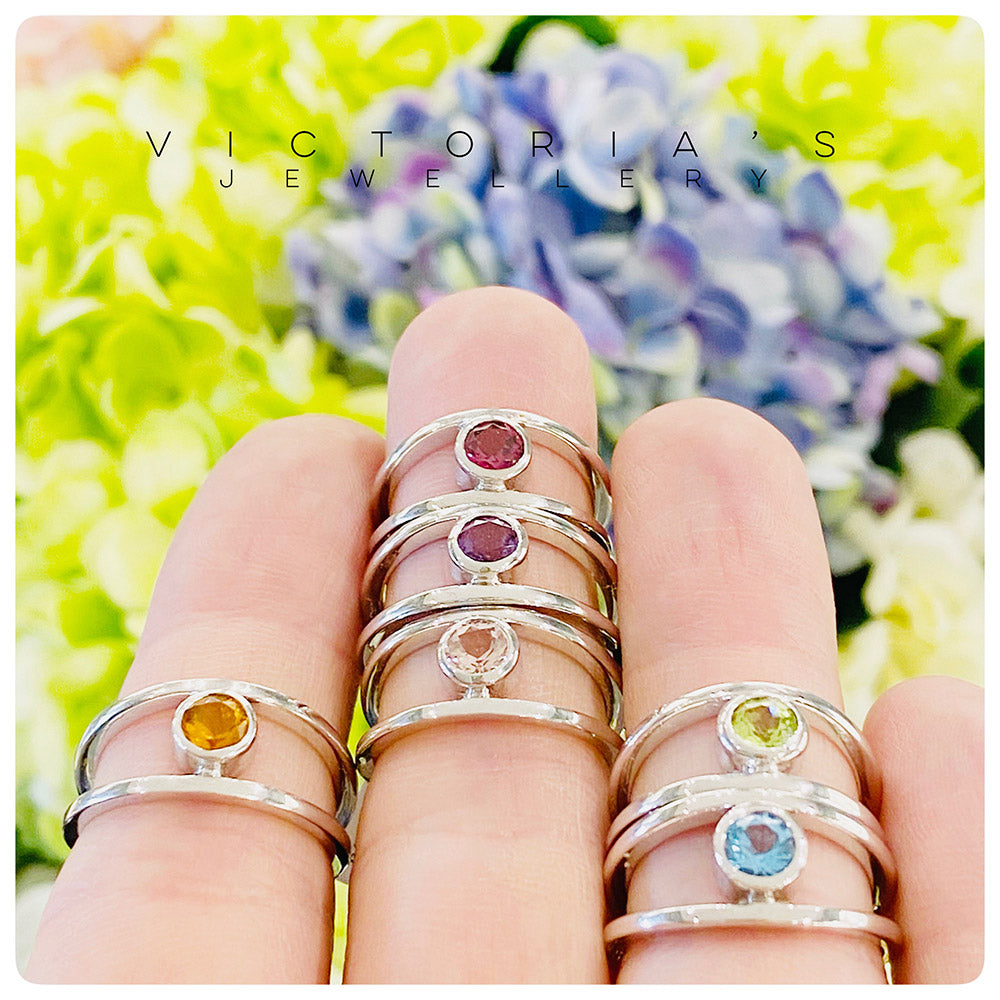 Harper, Round cut Rhodolite Garnet Split Band Ring