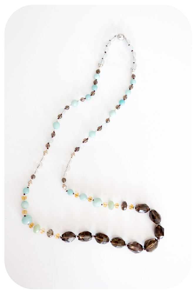 Smoky Quartz, Amazonite, Citrine and Rock Crystal Necklace - 90cm