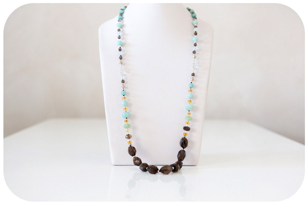 Smoky Quartz, Amazonite, Citrine and Rock Crystal Necklace - 90cm