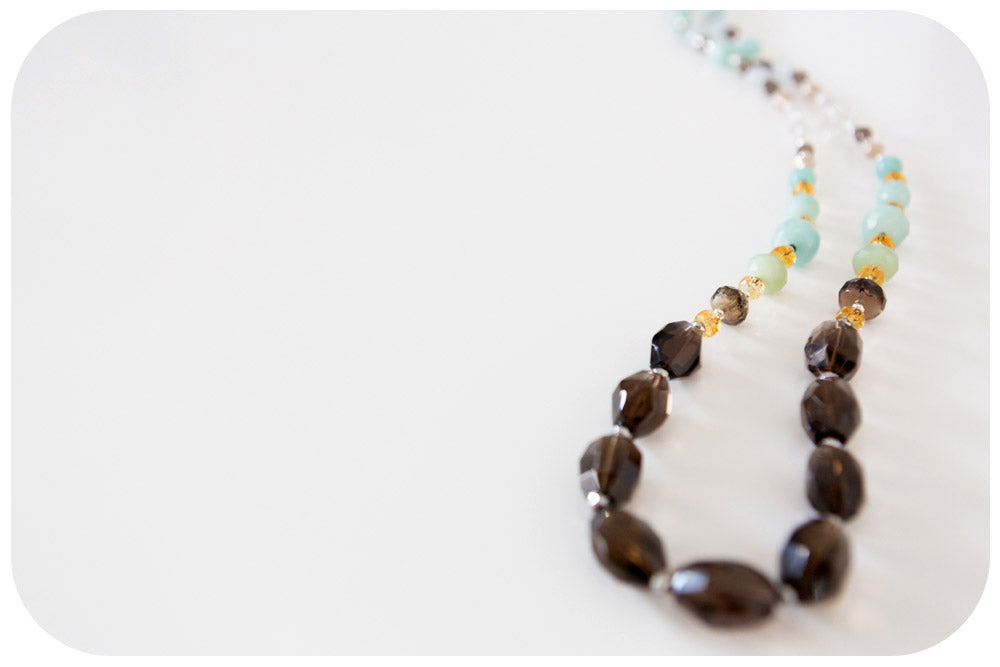 Smoky Quartz, Amazonite, Citrine and Rock Crystal Necklace - 90cm