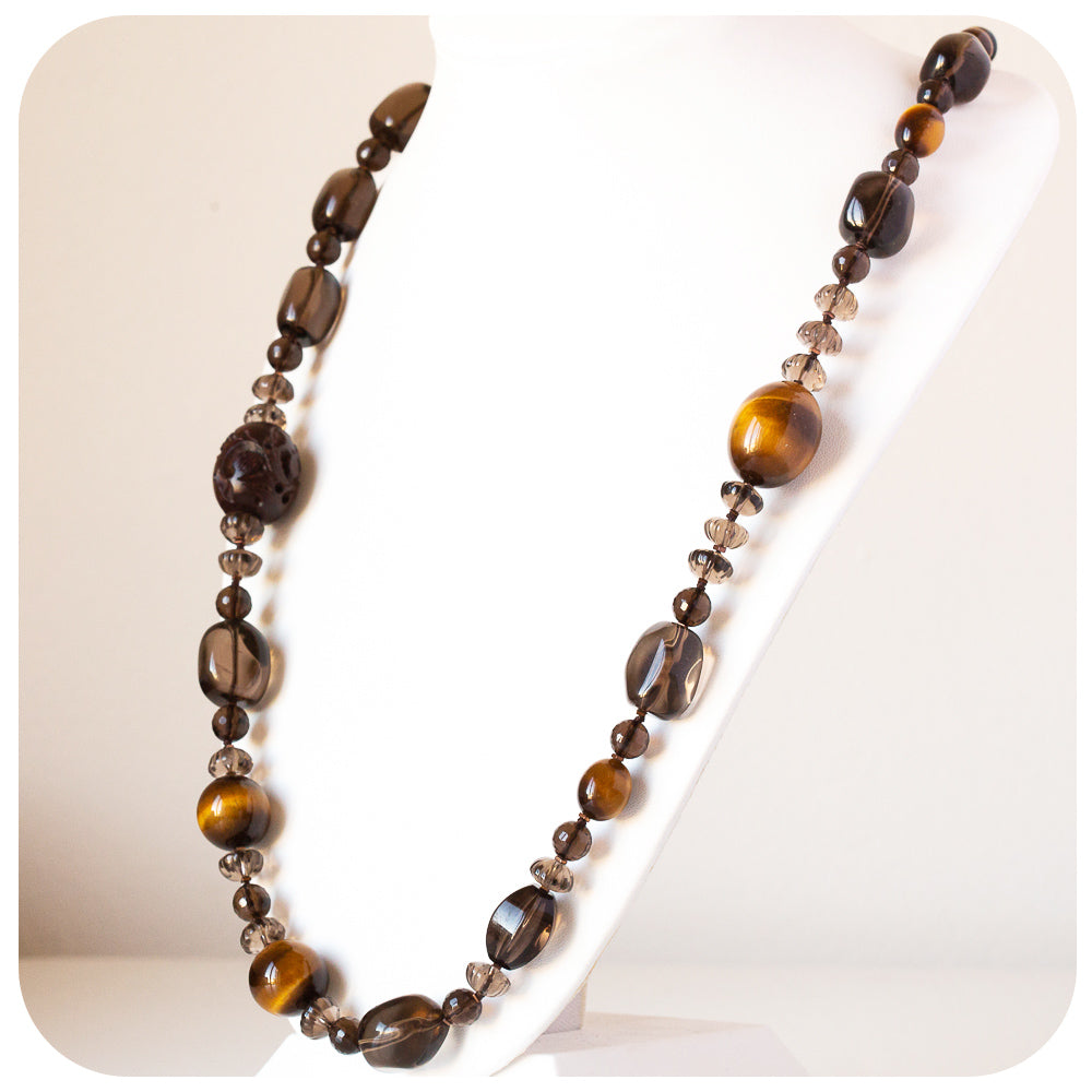 The Brown, Smoky Quartz, Tiger Eye and Carved Wood Necklace