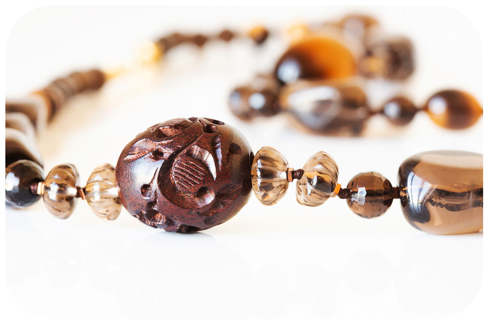 The Brown, Smoky Quartz, Tiger Eye and Carved Wood Necklace