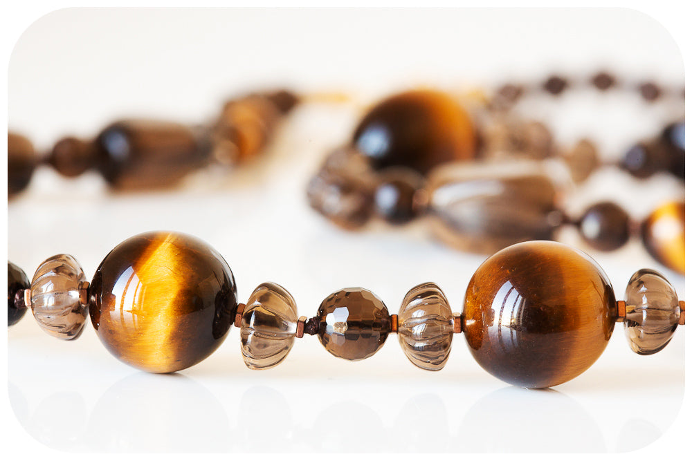 The Brown, Smoky Quartz, Tiger Eye and Carved Wood Necklace