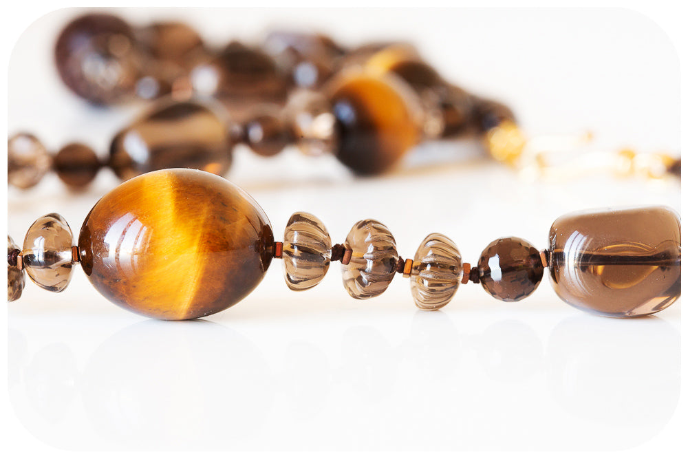 The Brown, Smoky Quartz, Tiger Eye and Carved Wood Necklace