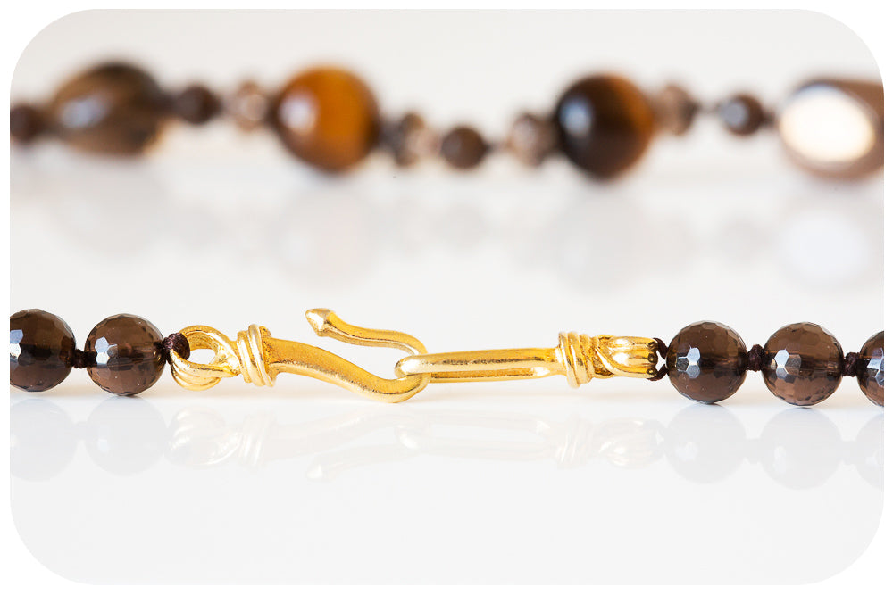 The Brown, Smoky Quartz, Tiger Eye and Carved Wood Necklace