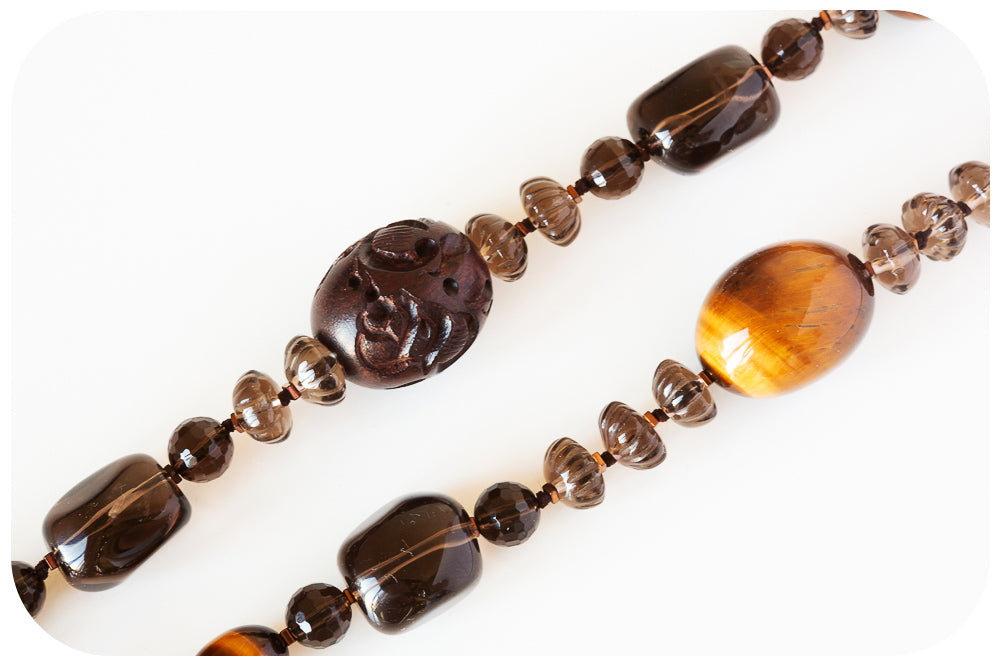 The Brown, Smoky Quartz, Tiger Eye and Carved Wood Necklace