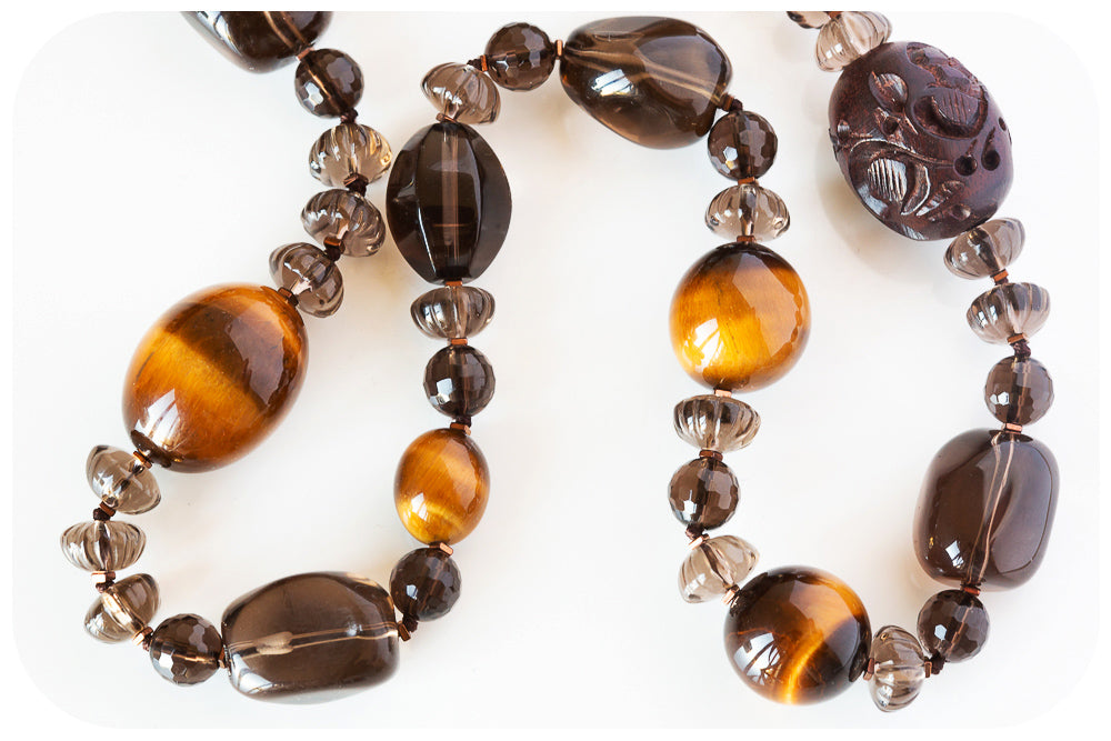 The Brown, Smoky Quartz, Tiger Eye and Carved Wood Necklace