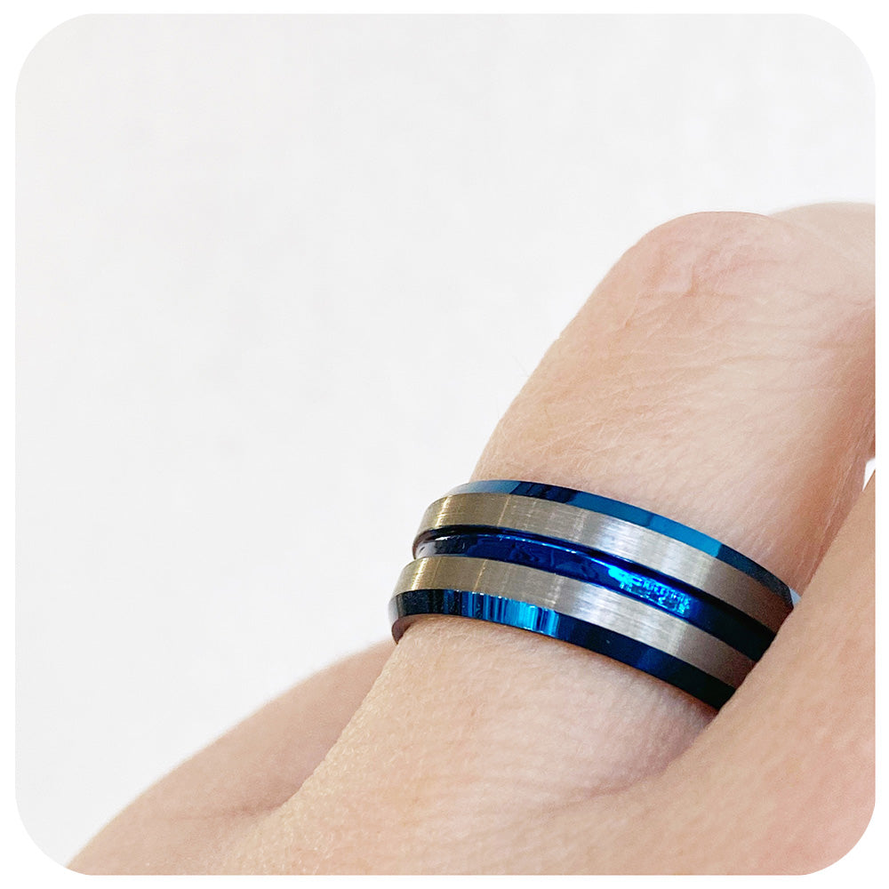Silver and Blue Tungsten Mens Wedding Ring - Victoria's Jewellery