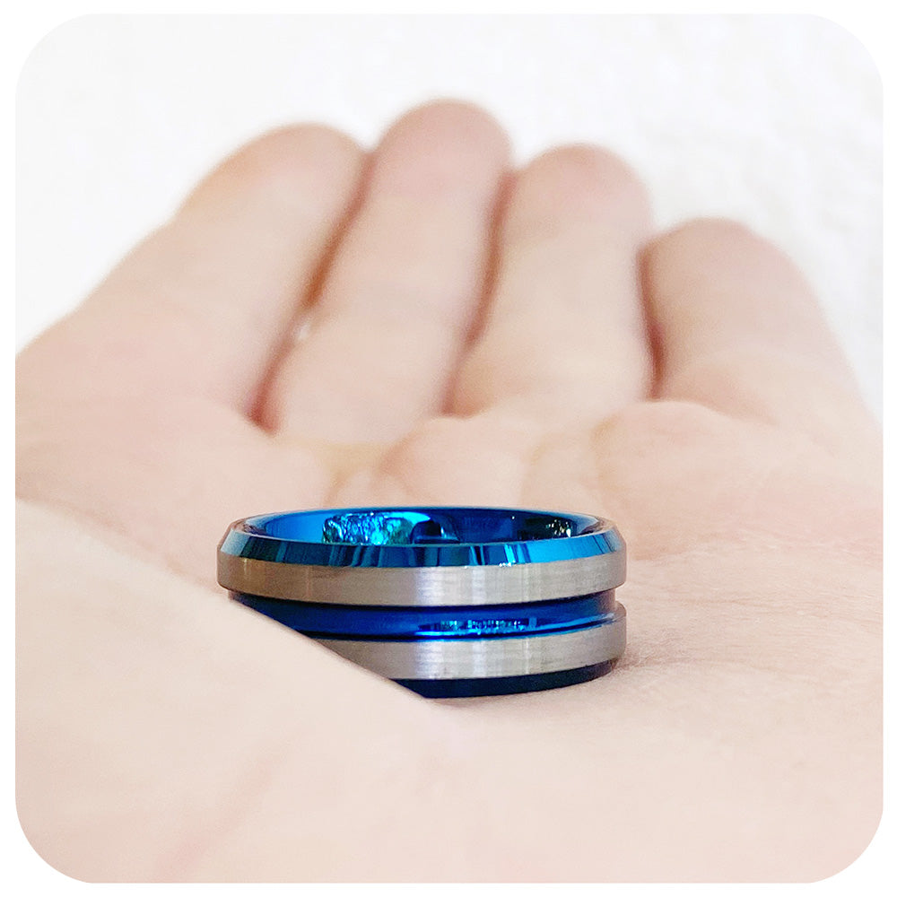 Silver and Blue Tungsten Mens Wedding Ring - Victoria's Jewellery