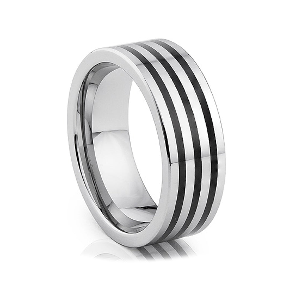 Oliver, a Three Row Black and Silver Tungsten Men's Ring - 8mm