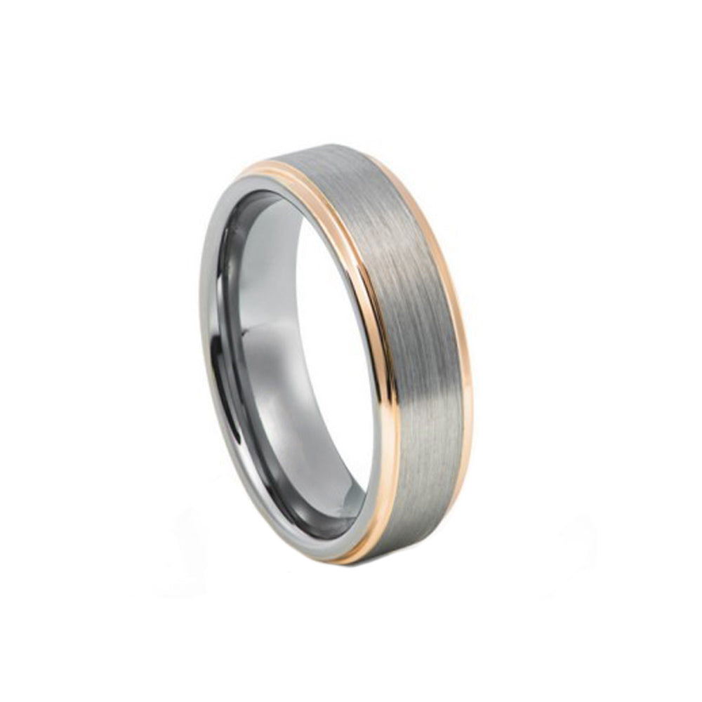 mens tungsten engagement wedding ring with brushed surface and yellow gold edges