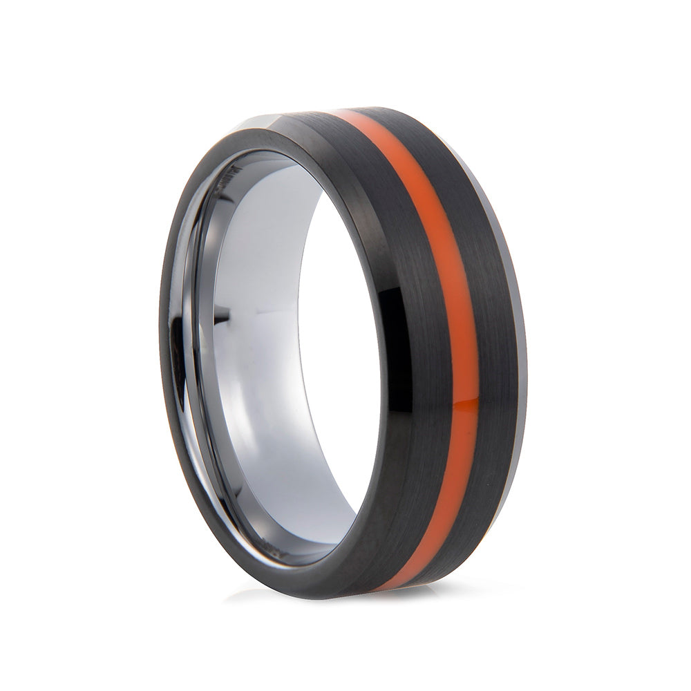 mens tungsten engagement wedding ring with racing stripe inlay