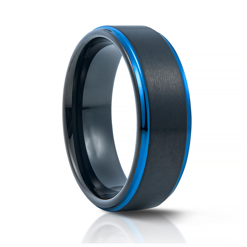 Carson, a Black Brushed Surface with Blue Edges Tungsten Ring - 8mm