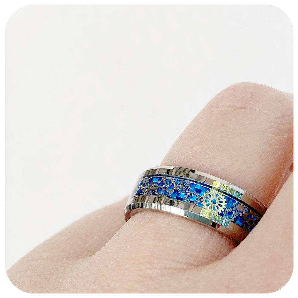 Watson, The Blue Watch Mechanism Inlay Tungsten Ring - 8mm