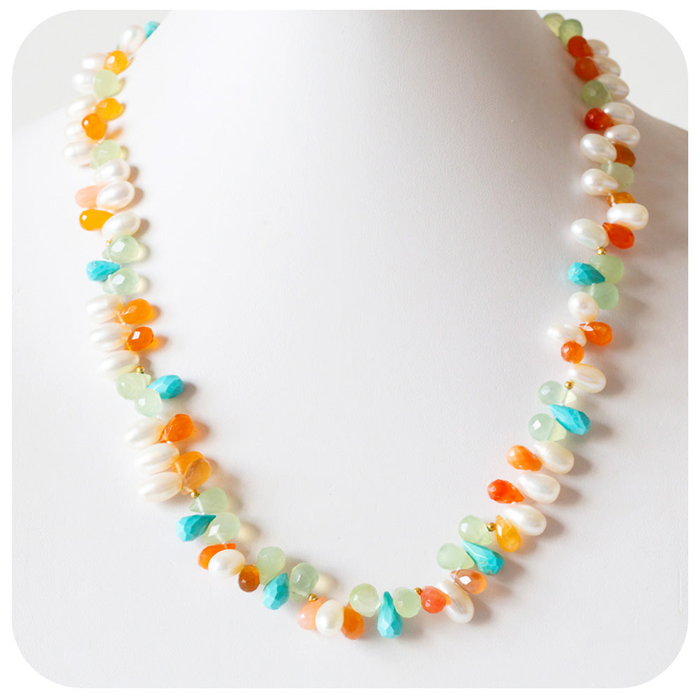 Pearl, Carnelian, Prehnite and Turquoise Necklace with Yellow Gold Clasp