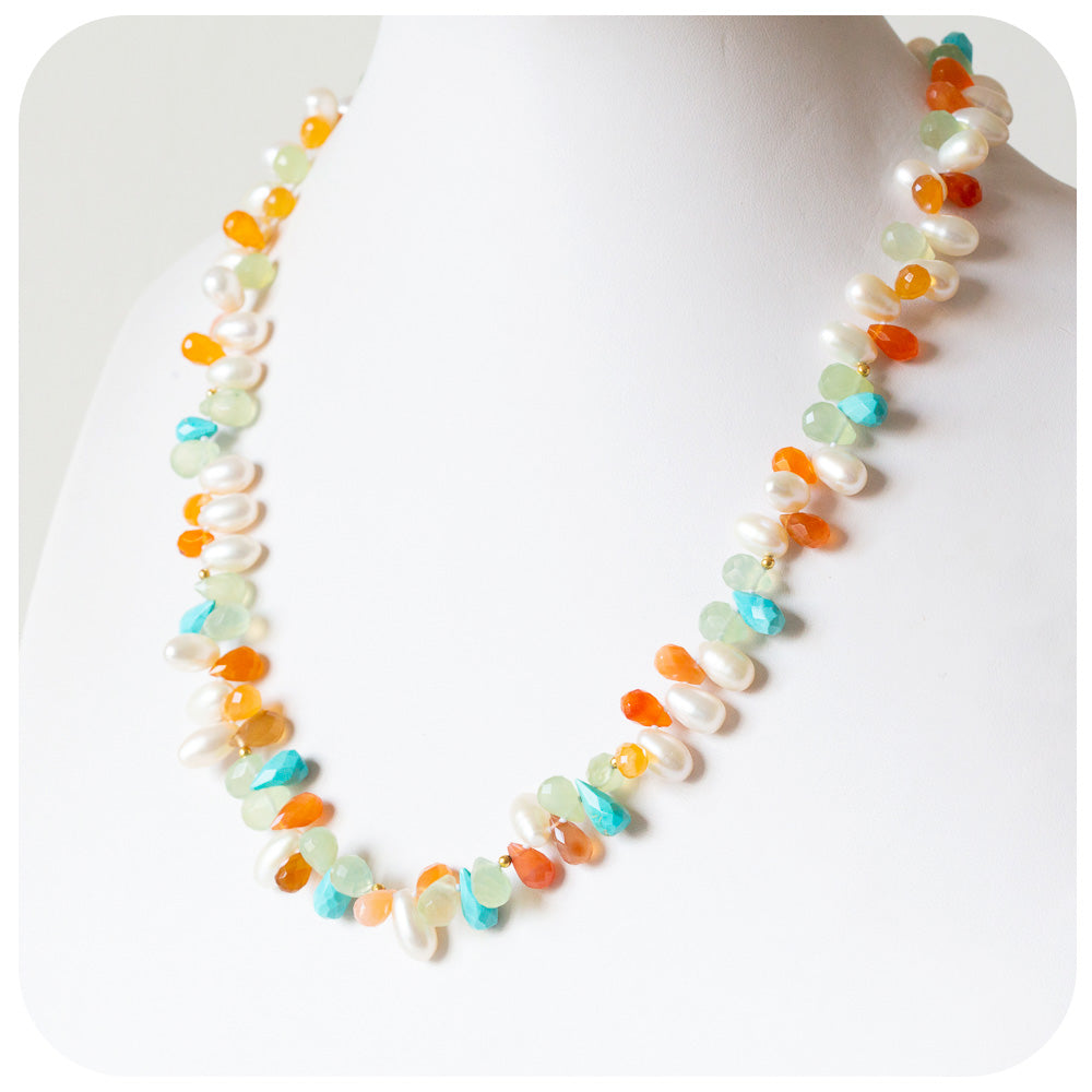 Pearl, Carnelian, Prehnite and Turquoise Necklace with Yellow Gold Clasp