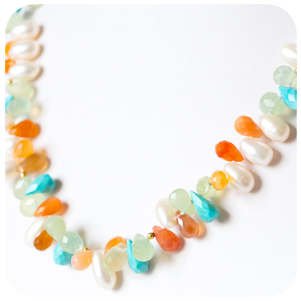Pearl, Carnelian, Prehnite and Turquoise Necklace with Yellow Gold Clasp