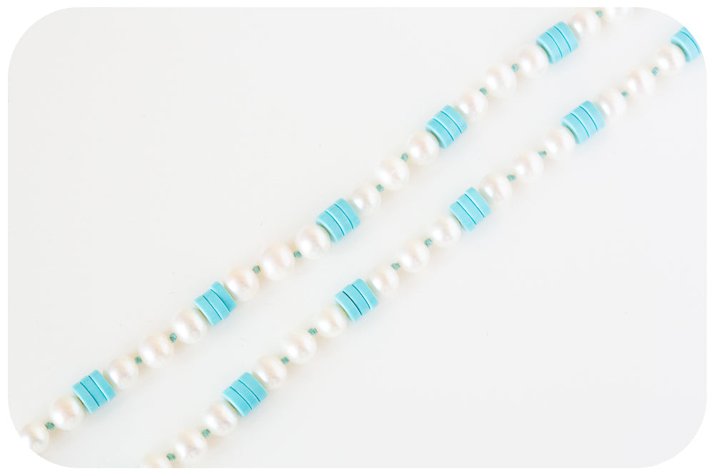 White Fresh Water Pearl and Turquoise Necklace