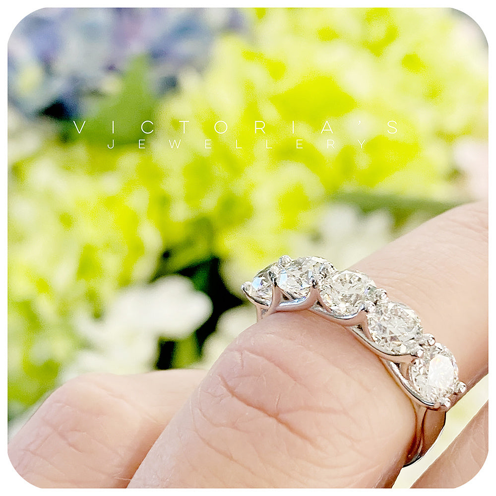 Round cut Moissanite Trellis Style Half Eternity Ring in White Gold - Victoria's Jewellery