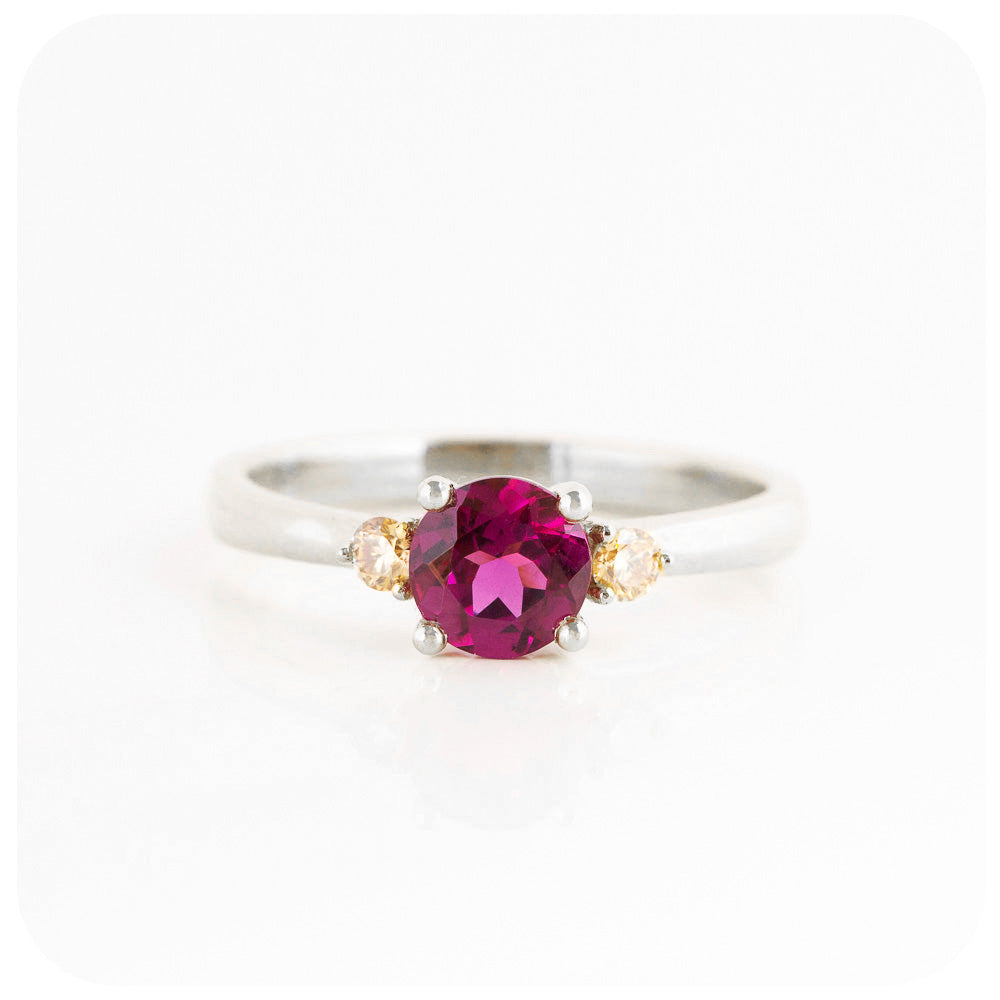 rhodolite and moissanite brilliant round cut trilogy engagement wedding ring