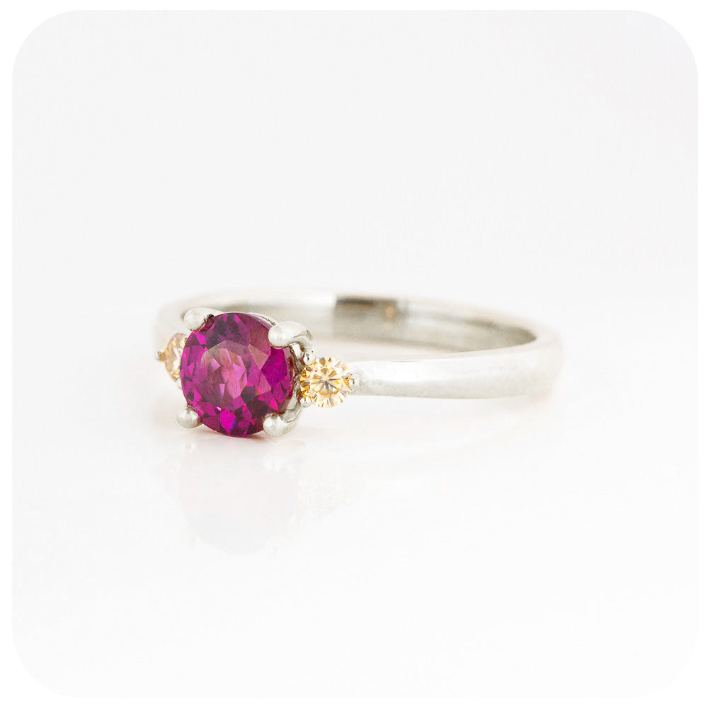 rhodolite and moissanite brilliant round cut trilogy engagement wedding ring