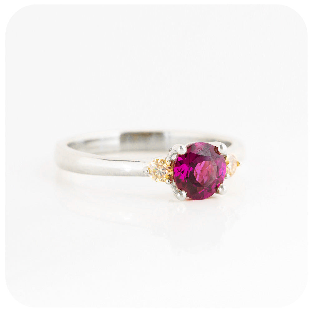 rhodolite and moissanite brilliant round cut trilogy engagement wedding ring