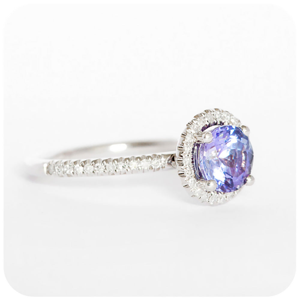 Round cut Tanzanite and Moissanite Halo Engagement Wedding Ring - Victoria's Jewellery