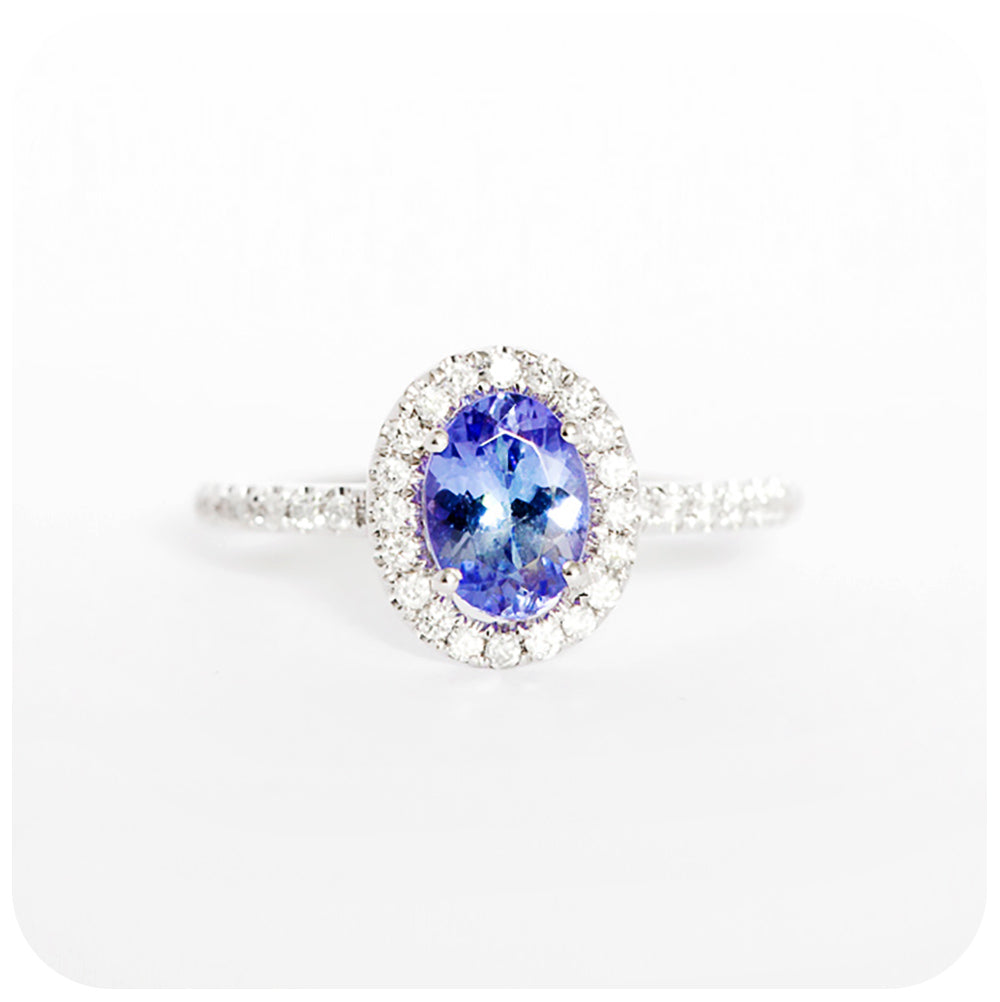 Oval cut Tanzanite and Moissanite Halo Engagement Wedding Ring - Victoria's Jewellery