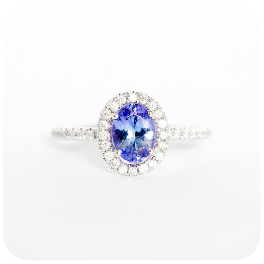 Oval cut Tanzanite and Moissanite Halo Engagement Wedding Ring - Victoria's Jewellery