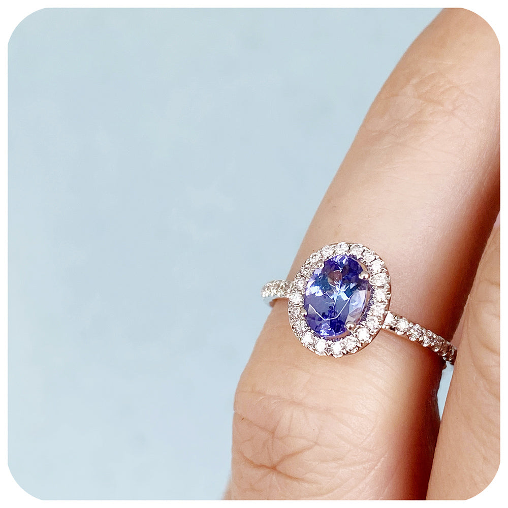 Oval cut Tanzanite and Moissanite Halo Engagement Wedding Ring - Victoria's Jewellery