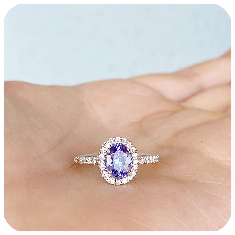 Oval cut Tanzanite and Moissanite Halo Engagement Wedding Ring - Victoria's Jewellery