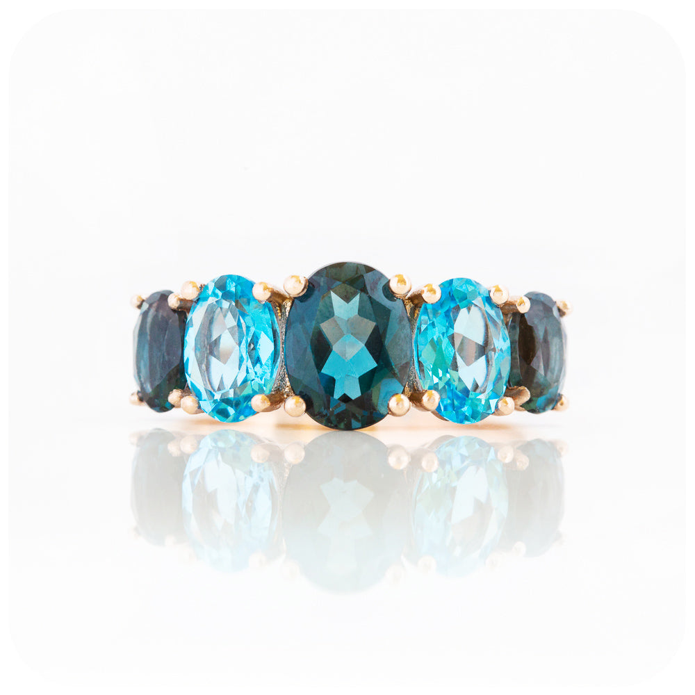 Oval cut Graduated London and Swiss Blue Topaz Anniversary or November Birthstone Ring - Victoria's Jewellery