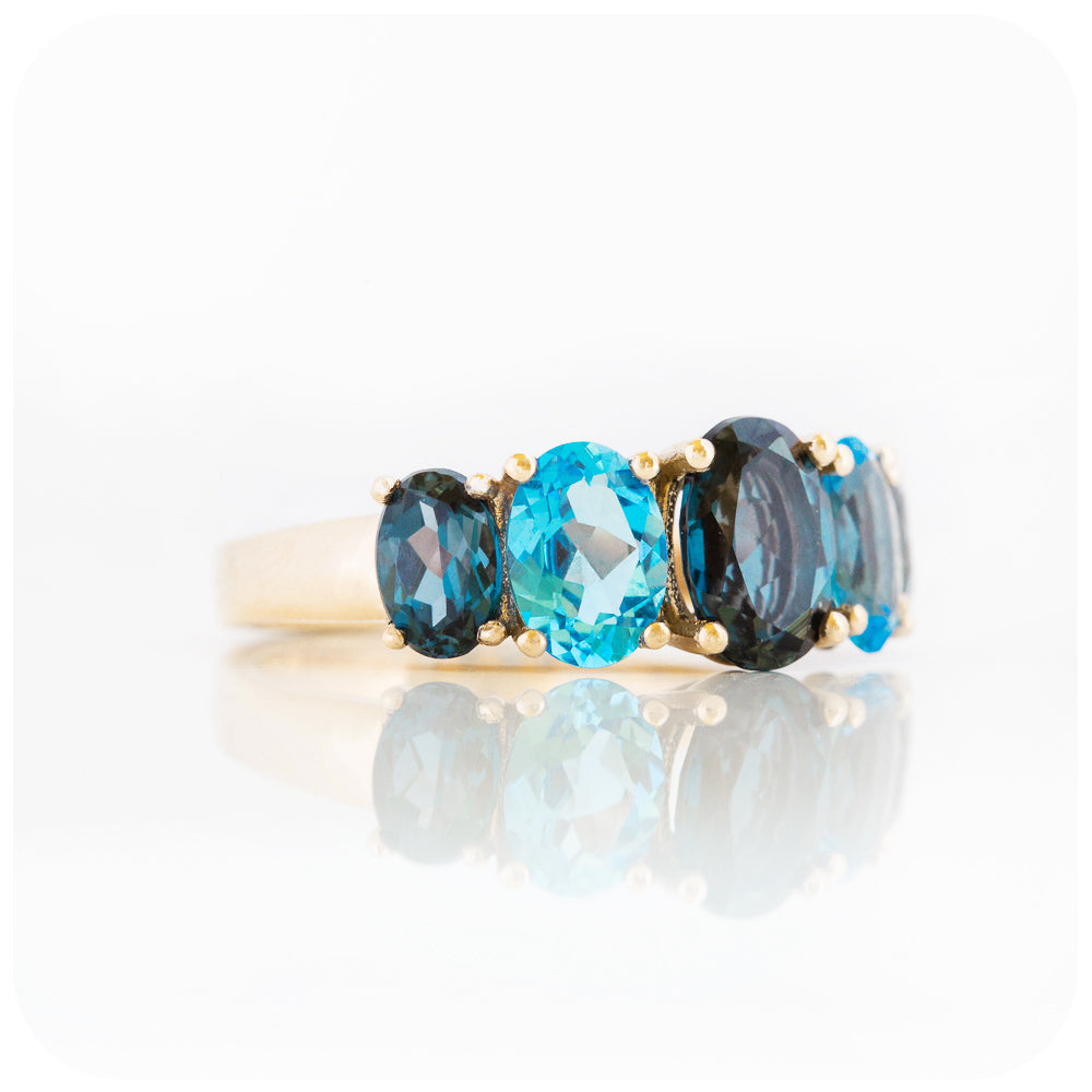 Oval cut Graduated London and Swiss Blue Topaz Anniversary or November Birthstone Ring - Victoria's Jewellery