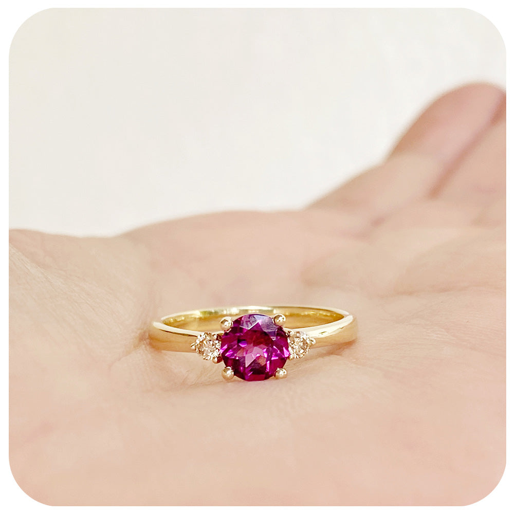 rhodolite and moissanite brilliant round cut trilogy engagement wedding ring