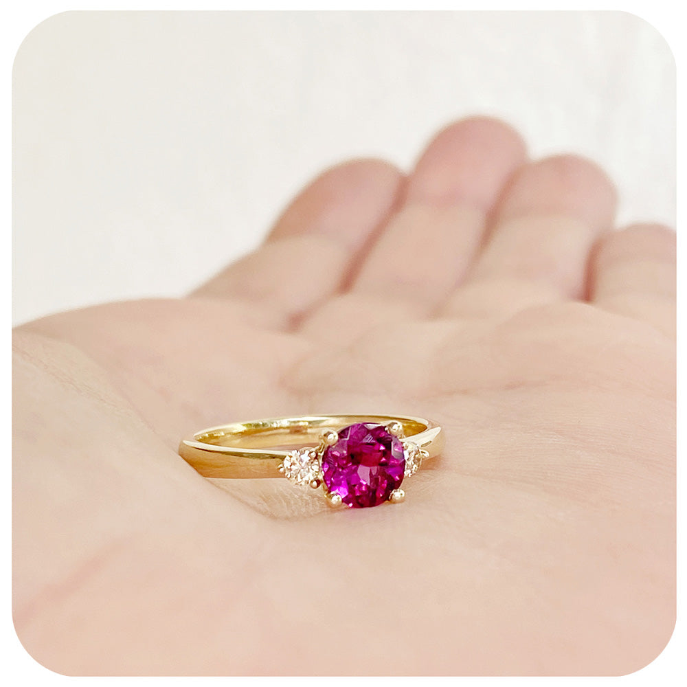 rhodolite and moissanite brilliant round cut trilogy engagement wedding ring