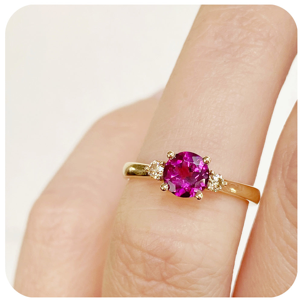 rhodolite and moissanite brilliant round cut trilogy engagement wedding ring