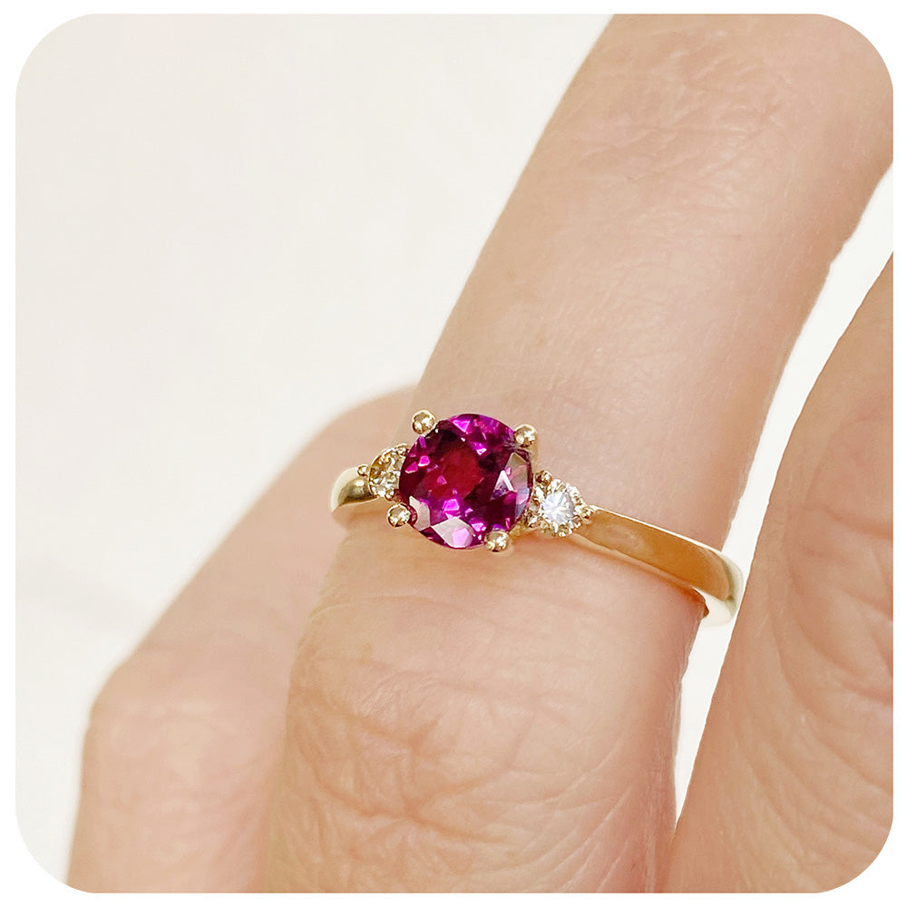 rhodolite and moissanite brilliant round cut trilogy engagement wedding ring