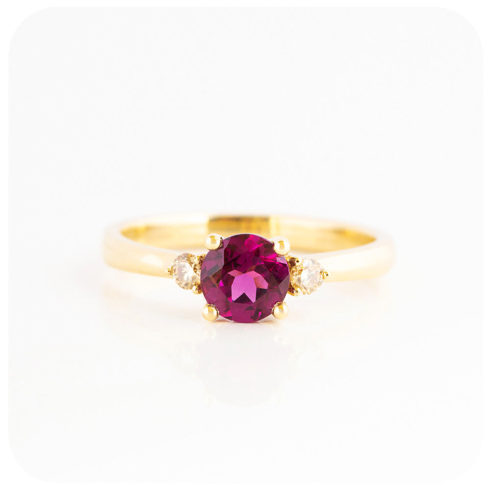 rhodolite and moissanite brilliant round cut trilogy engagement wedding ring