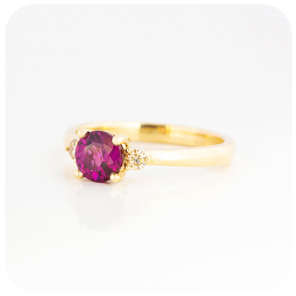 rhodolite and moissanite brilliant round cut trilogy engagement wedding ring