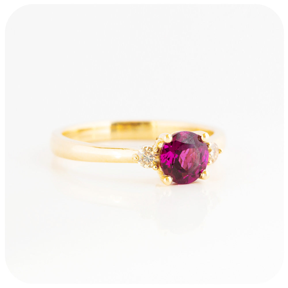 rhodolite and moissanite brilliant round cut trilogy engagement wedding ring