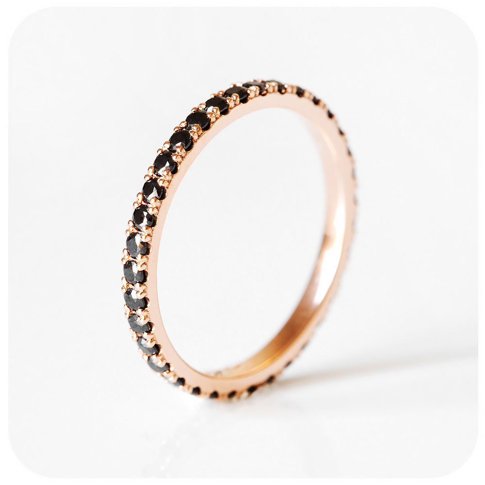 brilliant round cut black moissanite full eternity stack wedding band ring in rose gold - Victoria's Jewellery