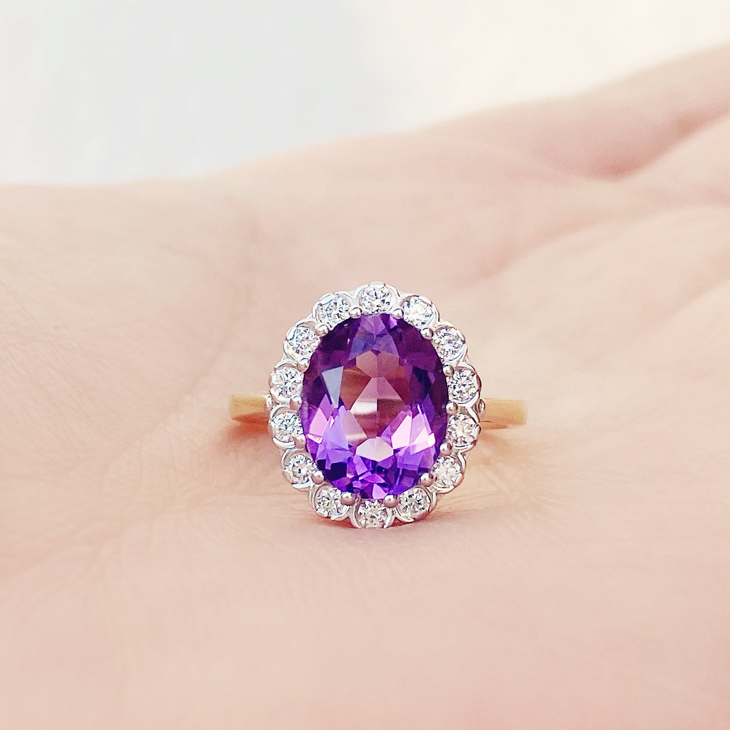 Amethyst and Diamond Halo Anniversary Ring in Yellow and White Gold