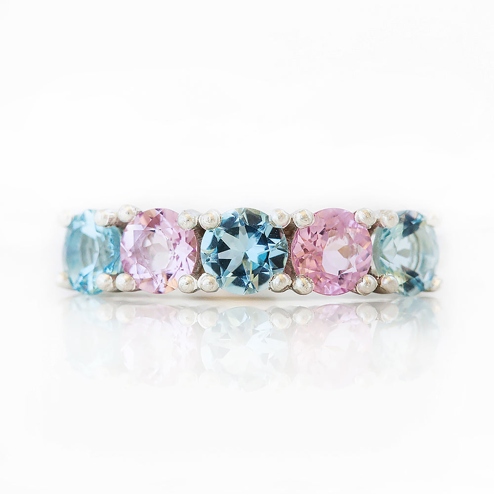 Pink Morganite and Aquamarine Half Eternity Anniversary Ring - Victoria's Jewellery