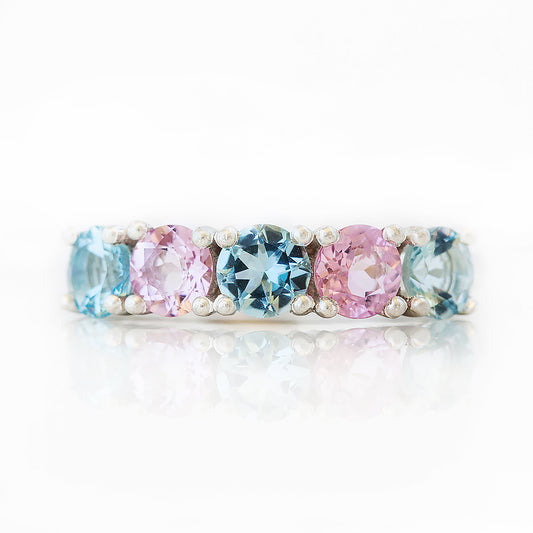 Pink Morganite and Aquamarine Half Eternity Anniversary Ring - Victoria's Jewellery